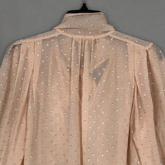 Rebecca Taylor Blouse Womens 2 Pink Tie Neck Ruffle Sheer Metallic Clip Dot Fem - Picture 9 of 15